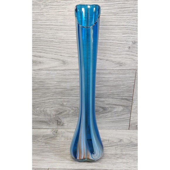 Vintage 10.5” Hand Made & Blown Blue Swirl Swung Stretch Glass Bud Vase Japan - Picture 1 of 10